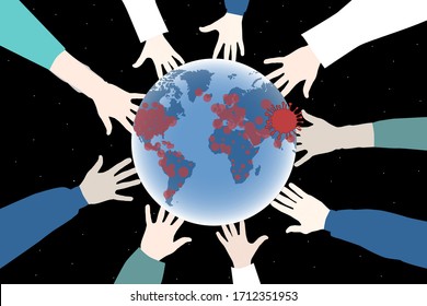 Manos de doctores en un círculo sosteniendo un globo. Los médicos salvan al mundo del coronavirus.