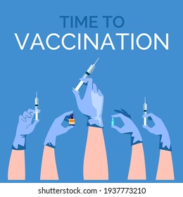 Hands of Doctors with Syringes, Ampul, Bottle of Vaccine. Blue Latex Gloves. Time to Vaccination. Vector Illustration.