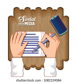 hands with documents and smartphone social media