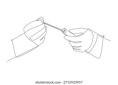Manos haciendo pruebas de ADN en la sangre. Concepto de análisis de ADN dibujo de una línea