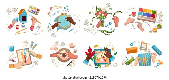 Hands doing creative decorations cartoon illustration set. Craftsmen painting, decorating scrapbook, embroidering, making beaded bracelet. DIY, handicraft, art, handcraft, leisure activity concept