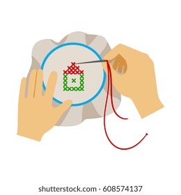 To Hands Doing Cross-Stitching Needlework, Elementary School Art Class Vector Illustration