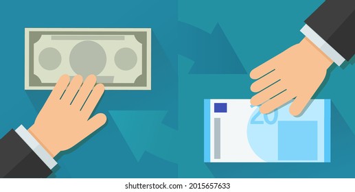 Hands doing a currency exchange between a dollar and euro banknote (flat design)