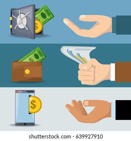 hands doing differents process for save and pay money