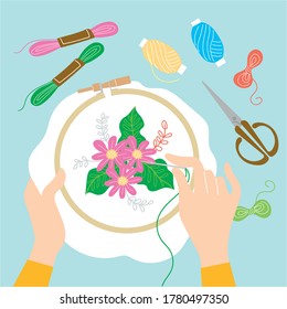 Hands doing embroidery art craft vector illustration