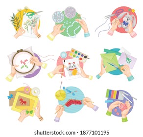 Hands Doing Handmade Crafts Knitting, Painting and Decorating Photo Frame Vector Set