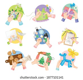Hands Doing Handmade Crafts Paper Folding, Drawing and Balloon Modelling Vector Set