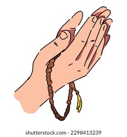 hands doing prayer pose, dua and holding tasbih, islamic prayer beads in line art, sketch style with color. isolated on white background. hand drawn vector illustration.
