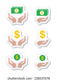 Hands with dollar banknote, coin vector icons set 