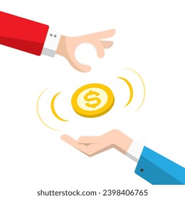 Hands with dollar coin isolated on white background, payment symbol, vector