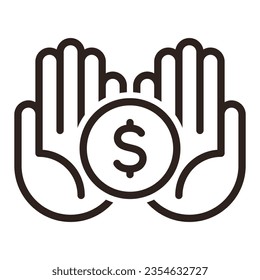 Hands and dollar coin. Save money icon isolated on white background.