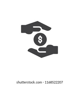 Hands and dollar coin vector icon. filled flat sign for mobile concept and web design. Charity money simple solid icon. Symbol, logo illustration. Pixel perfect vector graphics