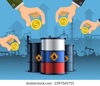 Hands with dollar coins buy crude oil from Russia. Stock vector illustration.