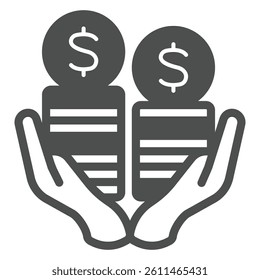 Hands with dollar coins stack solid icon, exhibition concept. Vector graphics. Selling tickets, monetization sign on white background, glyph style icon for mobile or web design