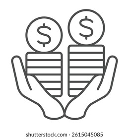 Hands with dollar coins stack thin line icon, exhibition concept. Vector graphics. Selling tickets, monetization sign on white background, outline style icon for mobile or web design
