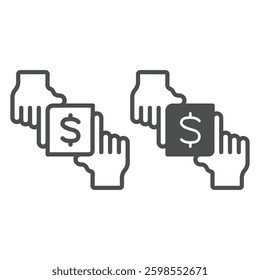 Hands with dollar frame line and solid icon, exhibition concept. Vector graphics. Selling tickets, monetization sign on white background, outline style icon for mobile or web design
