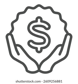 Hands with dollar sticker line icon, exhibition concept. Vector graphics. Selling tickets, monetization sign on white background, outline style icon for mobile or web design
