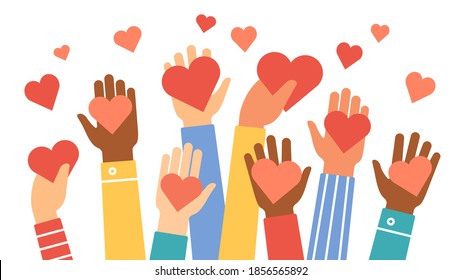 Hands donate hearts. Charity, volunteer and community help symbol with hand gives heart. People share love. Valentines day vector concept. Give sign red heart in hand illustration