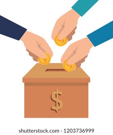 hands donating coins in box