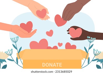 Hands donating and help. People give hearts to donation box flat vector illustration. Hope, solidarity, aid for refugees concept