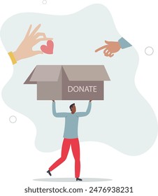 Hands donating and help. People give hearts to donation box flat illustration.