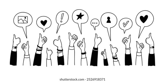 Hands up doodle background. Social media post like. Online messaging, subscribe, blogging, follower reaction, feedback. Crowd of happy people, satisfied customers, clients, business audience