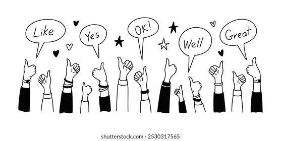 Hands up doodle background. Social media post like. Online messaging. People communication and network. Effective teamwork. Speech bubble with like, yes, ok, well, great words