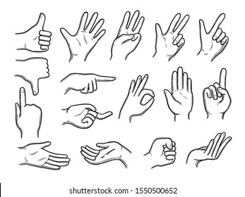 Hands doodles. Expression gestures human hands pointing shaking vector hand drawn style