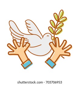 hands with dove animal and branch with leaves