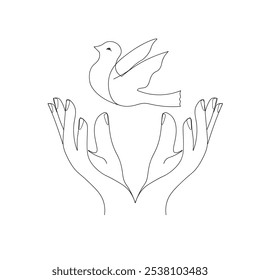 Hands and a dove flying up. The concept of peace and freedom