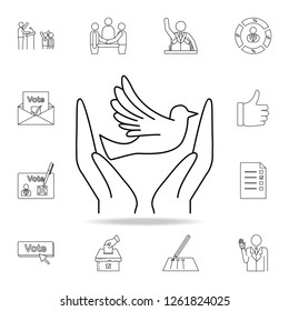 hands and dove icon. Detailed outline set of elections element icons. Premium graphic design. One of the collection icons for websites, web design on white background