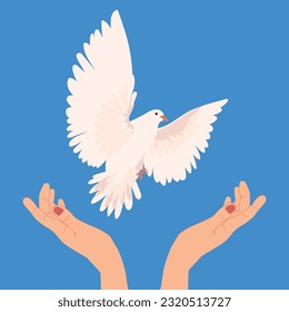 Hands with dove of peace in flat style. Vector. A white bird flies out of the hands into the blue sky. The concept of hope, a sign of freedom and independence, a manifestation of the holy spirit.