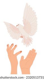 Hands with dove of peace in flat style. Vector. The white bird flies up. The concept of hope, a sign of freedom and independence, a manifestation of the holy spirit.