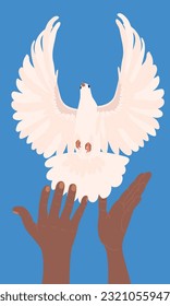 Hands with dove of peace in flat style. Vector. A white bird flies out of the hands into the blue sky. The concept of hope, a sign of freedom and independence, a manifestation of the holy spirit.