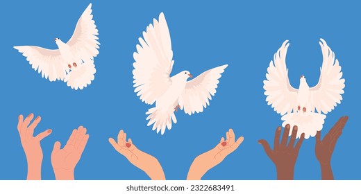 Hands with dove of peace in flat style. Vector. A white bird flies out of the hands into the blue sky. The concept of hope, a sign of freedom and independence, a manifestation of the holy spirit.