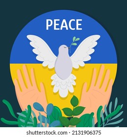 Hands and dove of peace on blue and yellow backgrond. Ukrainian flag colors. Stop war concept. Conflict between Ukraine and Russia.