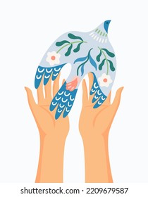 Hands and dove of peace. Vector isolated illustration. Elements for card, poster, flyer and other use