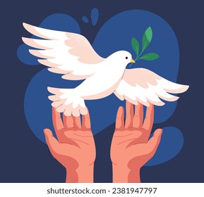 Hands with dove poster. Symbol of peace. Stop war and crime. Politics and democracy. Pacifism, freedom and independence. Cover or banner for website. Cartoon flat vector illustration