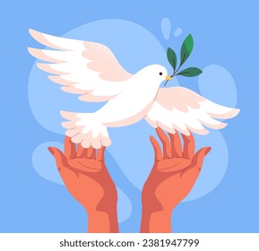 Hands with dove poster. Symbol of peace. Stop war and crime. Support for Ukraine. Pacifism, freedom and independence. Graphic element for website. Cartoon flat vector illustration