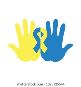 hands with down syndrome ribbon icon over white background, flat style, vector illustration