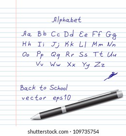 Hands draw alphabet on a notebook paper and ball pen. Vector eps10 illustration