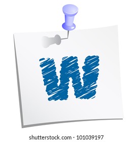 Hands draw alphabet on paper note with push pin. Letter W.