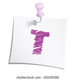 Hands draw alphabet on paper note with push pin. Letter T.