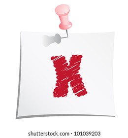 Hands draw alphabet on paper note with push pin. Letter X.