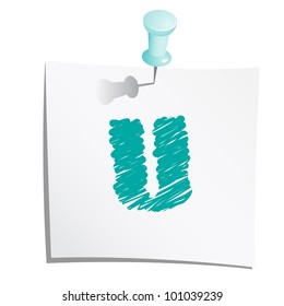 Hands draw alphabet on paper note with push pin. Letter U.