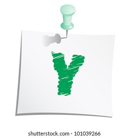 Hands draw alphabet on paper note with push pin. Letter Y.