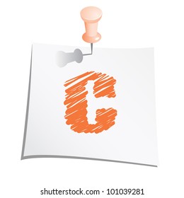 Hands draw alphabet on paper note with push pin. Letter C.