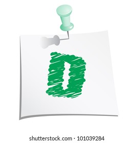 Hands draw alphabet on paper note with push pin. Letter D.