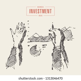 Hands draw a business plan, charts and tables, top view. Hand drawn vector illustration, sketch