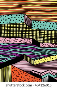 Hands draw colorful geometric elements for your design. Memphis style. Vector illustration. Cool modern illustration.